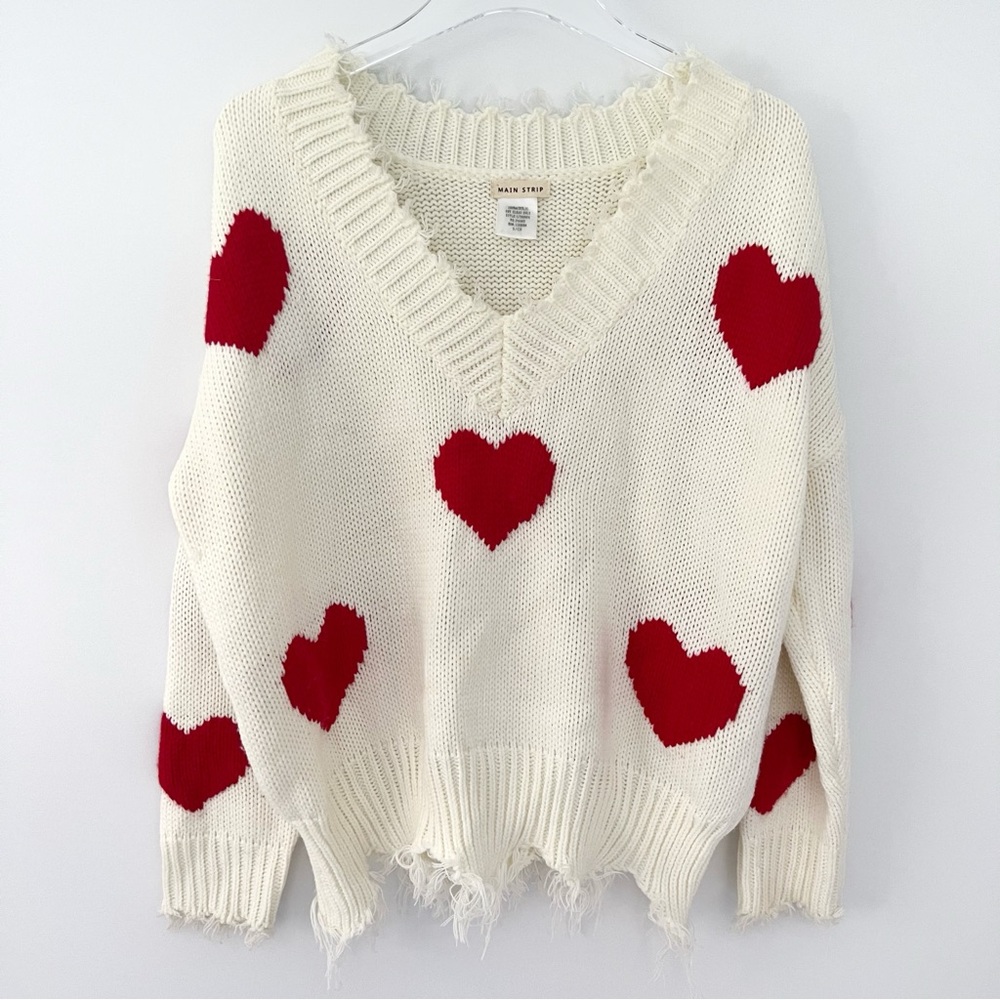 Main Strip Cream Distressed V-Neck Sweater with Red Hearts